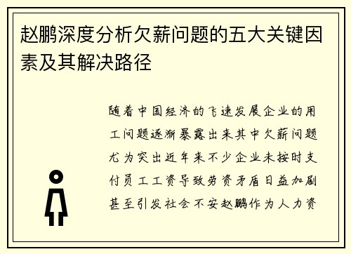 赵鹏深度分析欠薪问题的五大关键因素及其解决路径