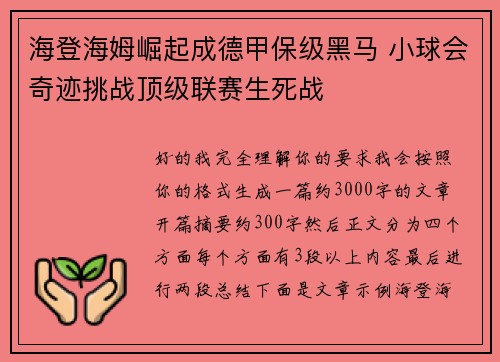 海登海姆崛起成德甲保级黑马 小球会奇迹挑战顶级联赛生死战