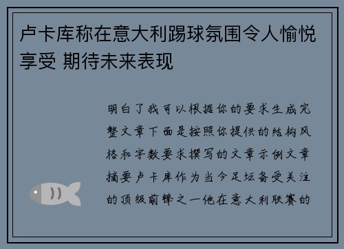 卢卡库称在意大利踢球氛围令人愉悦享受 期待未来表现