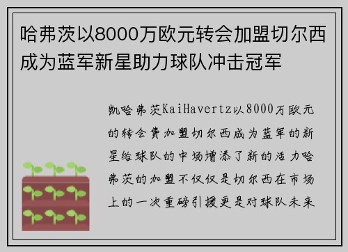 哈弗茨以8000万欧元转会加盟切尔西成为蓝军新星助力球队冲击冠军