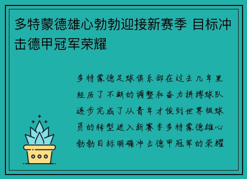 多特蒙德雄心勃勃迎接新赛季 目标冲击德甲冠军荣耀
