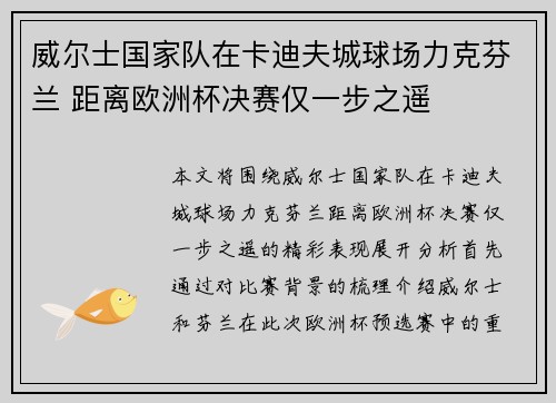 威尔士国家队在卡迪夫城球场力克芬兰 距离欧洲杯决赛仅一步之遥 威尔士国家队在卡迪夫城球场力克芬兰 距离欧洲杯决赛仅一步之遥